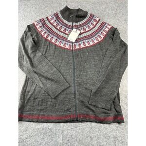 Woolrich Merino Wool Blend Fairisle Sweater Zip Cardigan Gray Size Large Thin